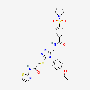 molecular formula C27H29N7O5S3 B2979850 N-((4-(4-ethoxyphenyl)-5-((2-oxo-2-(thiazol-2-ylamino)ethyl)thio)-4H-1,2,4-triazol-3-yl)methyl)-4-(pyrrolidin-1-ylsulfonyl)benzamide CAS No. 310449-49-1