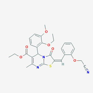 molecular formula C28H27N3O6S B297991 ethyl 2-[2-(cyanomethoxy)benzylidene]-5-(2-ethoxy-3-methoxyphenyl)-7-methyl-3-oxo-2,3-dihydro-5H-[1,3]thiazolo[3,2-a]pyrimidine-6-carboxylate 