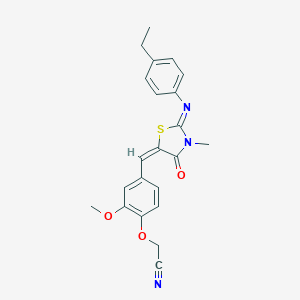 molecular formula C22H21N3O3S B297994 [4-({2-[(4-Ethylphenyl)imino]-3-methyl-4-oxo-1,3-thiazolidin-5-ylidene}methyl)-2-methoxyphenoxy]acetonitrile 