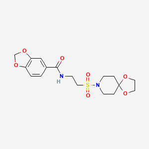 molecular formula C17H22N2O7S B2979957 N-(2-(1,4-dioxa-8-azaspiro[4.5]decan-8-ylsulfonyl)ethyl)benzo[d][1,3]dioxole-5-carboxamide CAS No. 899740-15-9
