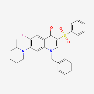 molecular formula C28H27FN2O3S B2979982 1-benzyl-6-fluoro-7-(2-methylpiperidin-1-yl)-3-(phenylsulfonyl)quinolin-4(1H)-one CAS No. 892760-25-7