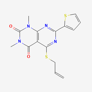 molecular formula C15H14N4O2S2 B2980013 5-(allylthio)-1,3-dimethyl-7-(thiophen-2-yl)pyrimido[4,5-d]pyrimidine-2,4(1H,3H)-dione CAS No. 847191-45-1