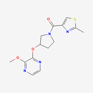 molecular formula C14H16N4O3S B2980022 (3-((3-Methoxypyrazin-2-yl)oxy)pyrrolidin-1-yl)(2-methylthiazol-4-yl)methanone CAS No. 2034398-29-1