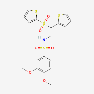 molecular formula C18H19NO6S4 B2980070 3,4-dimethoxy-N-(2-(thiophen-2-yl)-2-(thiophen-2-ylsulfonyl)ethyl)benzenesulfonamide CAS No. 896348-10-0