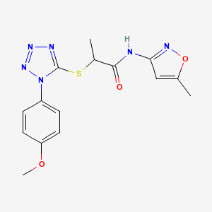 molecular formula C15H16N6O3S B2980104 2-((1-(4-methoxyphenyl)-1H-tetrazol-5-yl)thio)-N-(5-methylisoxazol-3-yl)propanamide CAS No. 887348-48-3