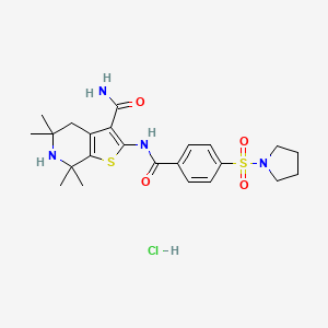 molecular formula C23H31ClN4O4S2 B2980110 5,5,7,7-Tetramethyl-2-(4-(pyrrolidin-1-ylsulfonyl)benzamido)-4,5,6,7-tetrahydrothieno[2,3-c]pyridine-3-carboxamide hydrochloride CAS No. 1216672-67-1