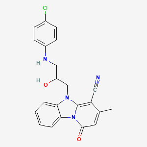 molecular formula C22H19ClN4O2 B2980127 5-{3-[(4-Chlorophenyl)amino]-2-hydroxypropyl}-3-methyl-1-oxo-1,5-dihydropyrido[1,2-a]benzimidazole-4-carbonitrile CAS No. 876719-08-3
