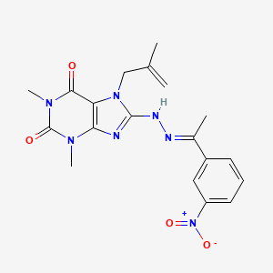 molecular formula C19H21N7O4 B2980162 1,3-Dimethyl-7-(2-methylprop-2-enyl)-8-[(2E)-2-[1-(3-nitrophenyl)ethylidene]hydrazinyl]purine-2,6-dione CAS No. 386767-75-5