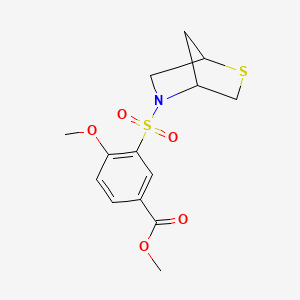 molecular formula C14H17NO5S2 B2980190 Methyl 3-(2-thia-5-azabicyclo[2.2.1]heptan-5-ylsulfonyl)-4-methoxybenzoate CAS No. 2034609-72-6