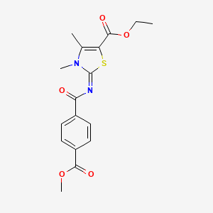 molecular formula C17H18N2O5S B2980197 Ethyl 2-(4-methoxycarbonylbenzoyl)imino-3,4-dimethyl-1,3-thiazole-5-carboxylate CAS No. 393839-02-6