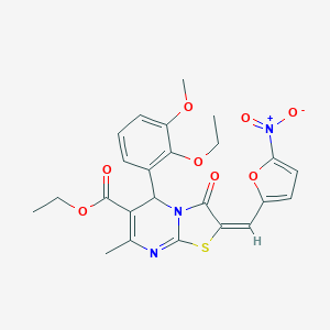 molecular formula C24H23N3O8S B298021 ethyl 5-(2-ethoxy-3-methoxyphenyl)-2-({5-nitro-2-furyl}methylene)-7-methyl-3-oxo-2,3-dihydro-5H-[1,3]thiazolo[3,2-a]pyrimidine-6-carboxylate 