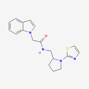 molecular formula C18H20N4OS B2980216 2-(1H-indol-1-yl)-N-((1-(thiazol-2-yl)pyrrolidin-2-yl)methyl)acetamide CAS No. 1795086-61-1