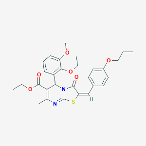 molecular formula C29H32N2O6S B298025 ethyl 5-(2-ethoxy-3-methoxyphenyl)-7-methyl-3-oxo-2-(4-propoxybenzylidene)-2,3-dihydro-5H-[1,3]thiazolo[3,2-a]pyrimidine-6-carboxylate 