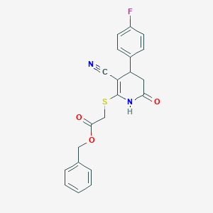 molecular formula C21H17FN2O3S B2980330 苯甲酸{[3-氰基-4-(4-氟苯基)-6-氧代-1,4,5,6-四氢吡啶-2-基]硫代}乙酸酯 CAS No. 330558-05-9