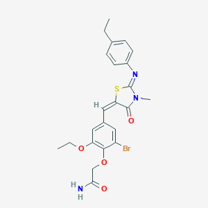 molecular formula C23H24BrN3O4S B298034 2-[2-Bromo-6-ethoxy-4-({2-[(4-ethylphenyl)imino]-3-methyl-4-oxo-1,3-thiazolidin-5-ylidene}methyl)phenoxy]acetamide 