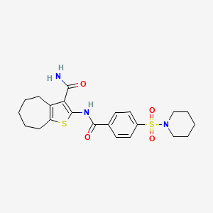 molecular formula C22H27N3O4S2 B2980427 2-(4-(piperidin-1-ylsulfonyl)benzamido)-5,6,7,8-tetrahydro-4H-cyclohepta[b]thiophene-3-carboxamide CAS No. 397279-37-7