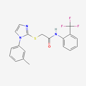 molecular formula C19H16F3N3OS B2980431 2-((1-(间甲苯基)-1H-咪唑-2-基)硫代)-N-(2-(三氟甲基)苯基)乙酰胺 CAS No. 851130-96-6