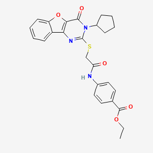 molecular formula C26H25N3O5S B2980475 Ethyl 4-({[(3-cyclopentyl-4-oxo-3,4-dihydro[1]benzofuro[3,2-d]pyrimidin-2-yl)sulfanyl]acetyl}amino)benzoate CAS No. 899962-37-9