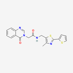 molecular formula C19H16N4O2S2 B2980550 N-((4-methyl-2-(thiophen-2-yl)thiazol-5-yl)methyl)-2-(4-oxoquinazolin-3(4H)-yl)acetamide CAS No. 1396767-69-3