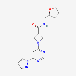 molecular formula C16H20N6O2 B2980581 1-(6-(1H-pyrazol-1-yl)pyrimidin-4-yl)-N-((tetrahydrofuran-2-yl)methyl)azetidine-3-carboxamide CAS No. 2034479-80-4