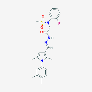 molecular formula C24H27FN4O3S B298064 N-[2-(2-{[1-(3,4-dimethylphenyl)-2,5-dimethyl-1H-pyrrol-3-yl]methylene}hydrazino)-2-oxoethyl]-N-(2-fluorophenyl)methanesulfonamide 