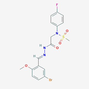 molecular formula C17H17BrFN3O4S B298066 N-{2-[2-(5-bromo-2-methoxybenzylidene)hydrazino]-2-oxoethyl}-N-(4-fluorophenyl)methanesulfonamide 