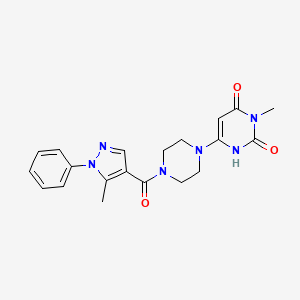 molecular formula C20H22N6O3 B2980712 3-methyl-6-(4-(5-methyl-1-phenyl-1H-pyrazole-4-carbonyl)piperazin-1-yl)pyrimidine-2,4(1H,3H)-dione CAS No. 2320891-22-1