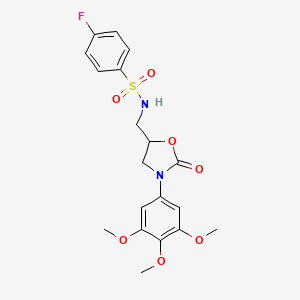 molecular formula C19H21FN2O7S B2980737 4-fluoro-N-((2-oxo-3-(3,4,5-trimethoxyphenyl)oxazolidin-5-yl)methyl)benzenesulfonamide CAS No. 954684-82-3