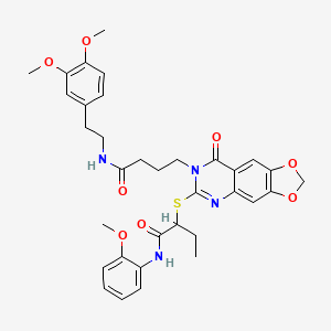 molecular formula C34H38N4O8S B2980764 2-{[7-(4-{[2-(3,4-dimethoxyphenyl)ethyl]amino}-4-oxobutyl)-8-oxo-7,8-dihydro[1,3]dioxolo[4,5-g]quinazolin-6-yl]thio}-N-(2-methoxyphenyl)butanamide CAS No. 688060-73-3