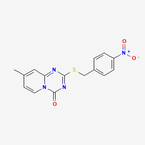 molecular formula C15H12N4O3S B2980797 8-甲基-2-[(4-硝基苯基)甲硫基]吡啶并[1,2-a][1,3,5]三嗪-4-酮 CAS No. 896333-62-3