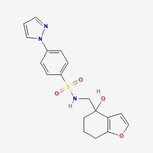 molecular formula C18H19N3O4S B2980840 N-((4-hydroxy-4,5,6,7-tetrahydrobenzofuran-4-yl)methyl)-4-(1H-pyrazol-1-yl)benzenesulfonamide CAS No. 2310123-77-2