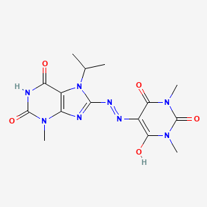 molecular formula C15H18N8O5 B2980842 5-(2-(7-isopropyl-3-methyl-2,6-dioxo-2,3,6,7-tetrahydro-1H-purin-8-yl)hydrazono)-1,3-dimethylpyrimidine-2,4,6(1H,3H,5H)-trione CAS No. 899358-00-0