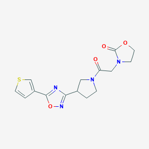 molecular formula C15H16N4O4S B2980978 3-(2-Oxo-2-(3-(5-(thiophen-3-yl)-1,2,4-oxadiazol-3-yl)pyrrolidin-1-yl)ethyl)oxazolidin-2-one CAS No. 2034371-10-1