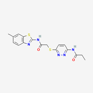 molecular formula C17H17N5O2S2 B2980980 N-(6-((2-((6-methylbenzo[d]thiazol-2-yl)amino)-2-oxoethyl)thio)pyridazin-3-yl)propionamide CAS No. 1021061-18-6