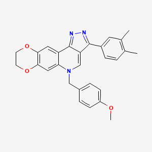 molecular formula C28H25N3O3 B2980990 3-(3,4-dimethylphenyl)-5-(4-methoxybenzyl)-8,9-dihydro-5H-[1,4]dioxino[2,3-g]pyrazolo[4,3-c]quinoline CAS No. 866809-87-2