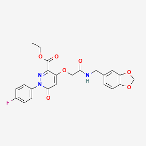 molecular formula C23H20FN3O7 B2981007 Ethyl 4-(2-((benzo[d][1,3]dioxol-5-ylmethyl)amino)-2-oxoethoxy)-1-(4-fluorophenyl)-6-oxo-1,6-dihydropyridazine-3-carboxylate CAS No. 899943-21-6