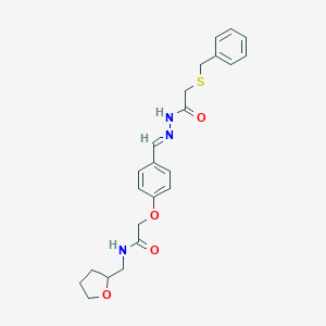 molecular formula C23H27N3O4S B298103 2-{4-[(E)-{2-[(benzylsulfanyl)acetyl]hydrazinylidene}methyl]phenoxy}-N-(tetrahydrofuran-2-ylmethyl)acetamide 