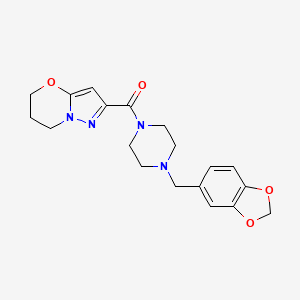 molecular formula C19H22N4O4 B2981048 (4-(benzo[d][1,3]dioxol-5-ylmethyl)piperazin-1-yl)(6,7-dihydro-5H-pyrazolo[5,1-b][1,3]oxazin-2-yl)methanone CAS No. 1448071-92-8