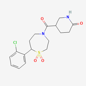 molecular formula C17H21ClN2O4S B2981087 5-(7-(2-Chlorophenyl)-1,1-dioxido-1,4-thiazepane-4-carbonyl)piperidin-2-one CAS No. 2320224-00-6