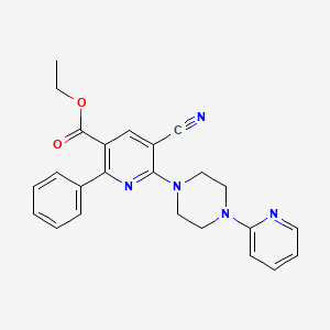 molecular formula C24H23N5O2 B2981108 5-Cyano-2-phenyl-6-[4-(2-pyridinyl)-1-piperazinyl]-3-pyridinecarboxylic acid ethyl ester CAS No. 477866-20-9