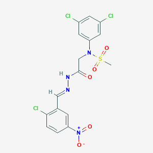 molecular formula C16H13Cl3N4O5S B298113 N-[2-(2-{2-chloro-5-nitrobenzylidene}hydrazino)-2-oxoethyl]-N-(3,5-dichlorophenyl)methanesulfonamide 