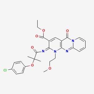 molecular formula C27H27ClN4O6 B2981147 (E)-ethyl 2-((2-(4-chlorophenoxy)-2-methylpropanoyl)imino)-1-(2-methoxyethyl)-5-oxo-2,5-dihydro-1H-dipyrido[1,2-a:2',3'-d]pyrimidine-3-carboxylate CAS No. 685859-99-8