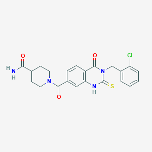 molecular formula C22H21ClN4O3S B2981149 1-[3-[(2-chlorophenyl)methyl]-4-oxo-2-sulfanylidene-1H-quinazoline-7-carbonyl]piperidine-4-carboxamide CAS No. 422273-49-2