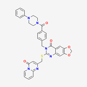 molecular formula C36H30N6O5S B2981179 6-{[(4-oxo-4H-pyrido[1,2-a]pyrimidin-2-yl)methyl]thio}-7-{4-[(4-phenylpiperazin-1-yl)carbonyl]benzyl}[1,3]dioxolo[4,5-g]quinazolin-8(7H)-one CAS No. 689758-75-6