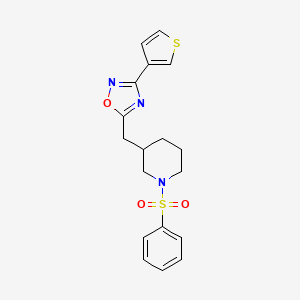 molecular formula C18H19N3O3S2 B2981202 5-((1-(Phenylsulfonyl)piperidin-3-yl)methyl)-3-(thiophen-3-yl)-1,2,4-oxadiazole CAS No. 1798487-60-1