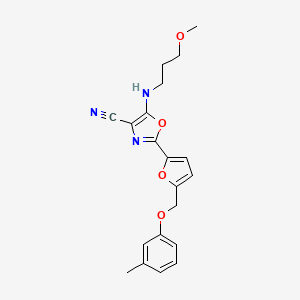 molecular formula C20H21N3O4 B2981214 5-((3-Methoxypropyl)amino)-2-(5-((m-tolyloxy)methyl)furan-2-yl)oxazole-4-carbonitrile CAS No. 946378-51-4