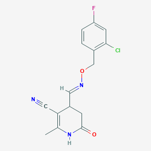 molecular formula C15H13ClFN3O2 B2981237 4-({[(2-Chloro-4-fluorobenzyl)oxy]imino}methyl)-2-methyl-6-oxo-1,4,5,6-tetrahydro-3-pyridinecarbonitrile CAS No. 338392-25-9