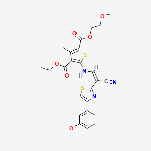 molecular formula C25H25N3O6S2 B2981309 (Z)-4-乙基 2-(2-甲氧基乙基) 5-((2-氰基-2-(4-(3-甲氧基苯基)噻唑-2-基)乙烯基)氨基)-3-甲基噻吩-2,4-二甲酸酯 CAS No. 573706-70-4