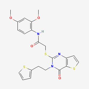 molecular formula C22H21N3O4S3 B2981342 N-(2,4-二甲氧基苯基)-2-({4-氧代-3-[2-(噻吩-2-基)乙基]-3,4-二氢噻吩并[3,2-d]嘧啶-2-基}硫代)乙酰胺 CAS No. 1261020-64-7