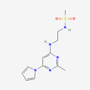 molecular formula C12H17N5O2S B2981483 N-(2-((2-methyl-6-(1H-pyrrol-1-yl)pyrimidin-4-yl)amino)ethyl)methanesulfonamide CAS No. 1428371-32-7